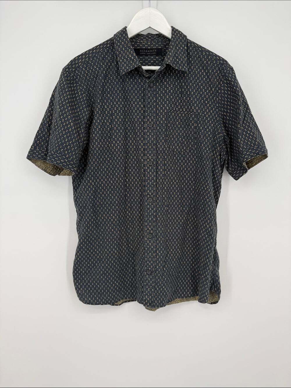 All Saints Short-Sleeve Navy Button-Down with Micro Dot Print